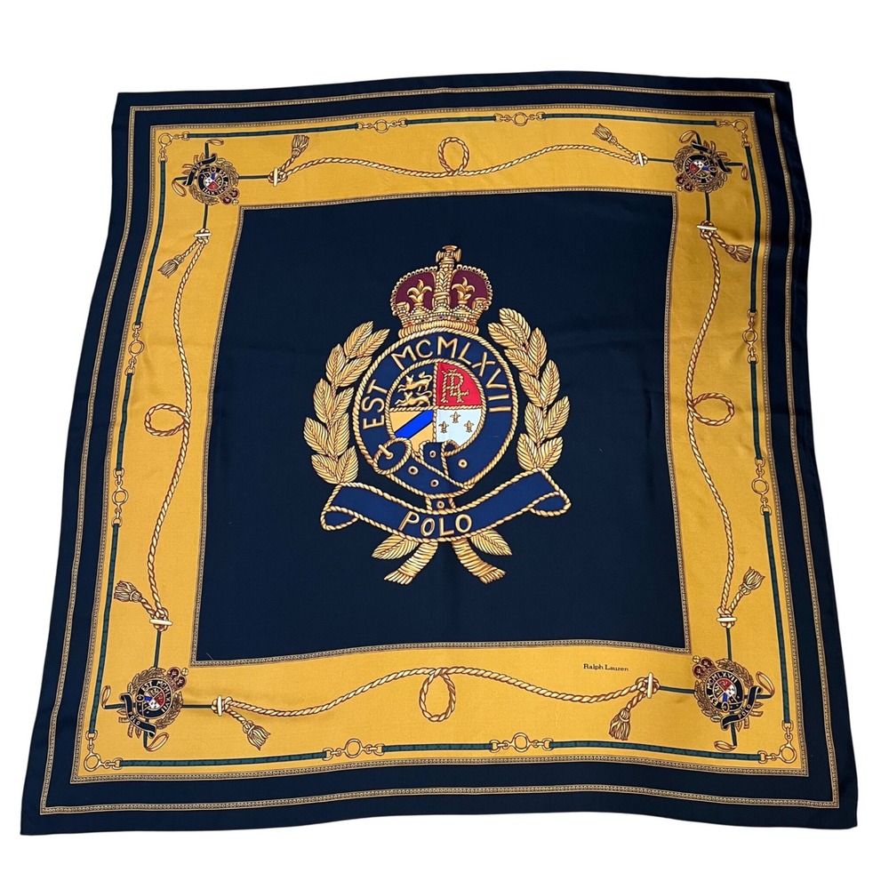 Vintage Polo Ralph Lauren Crest Equestrian Silk Scarf Hand-Rolled Hem Navy Gold